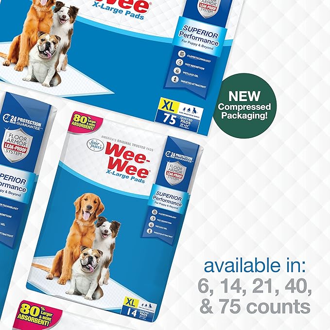 Four Paws Wee-Wee Superior Performance XL Pee Pads for Extra Large Dogs, Leak-Proof Floor Protection Dog & Puppy Quilted Potty Training Pads, Unscented, 28" x 34" (75 Count)