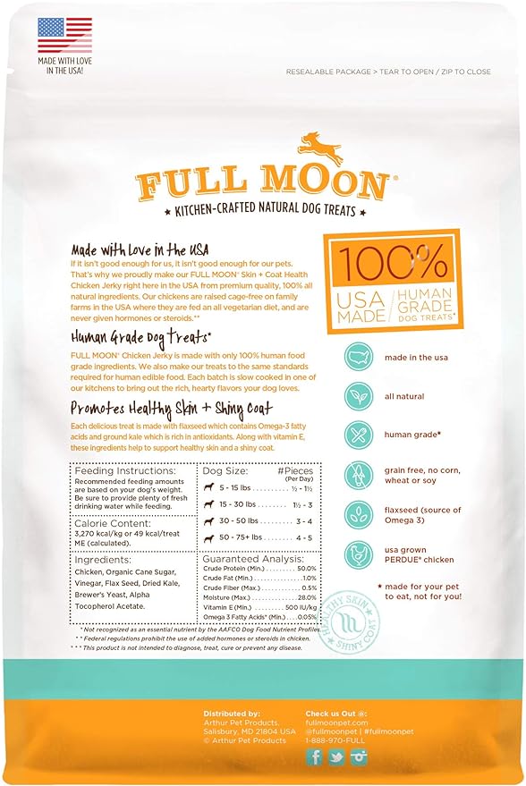 Full Moon All Natural Human Grade Dog Treats For Skin & Coat Health, Chicken Jerky, 6 Ounce