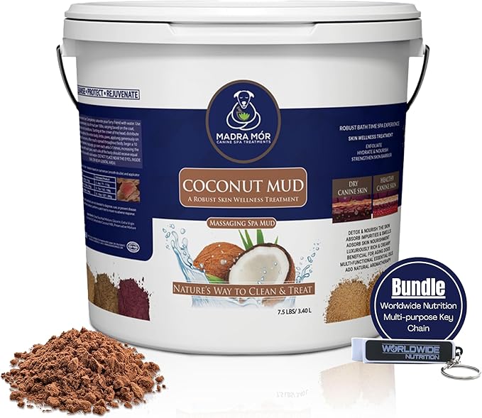 Madra Mor Coconut Mud Dog Wash Spa Essentials | Dog Grooming | Dry Skin Treatment | 7.5lb Pail with Worldwide Nutrition Multi-Purpose Keychain