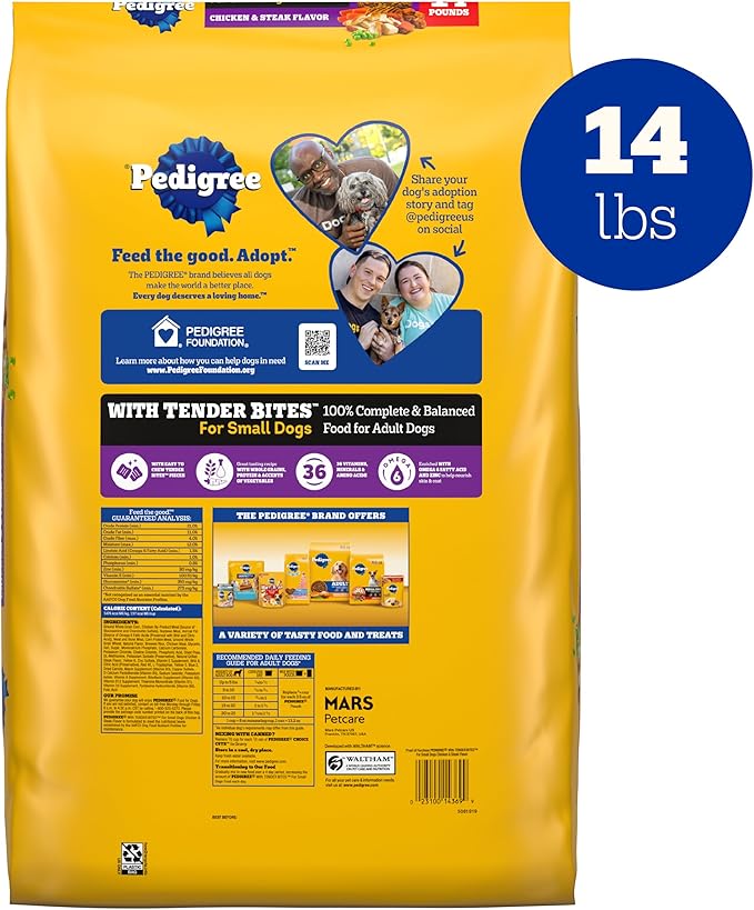 Pedigree with Tender Bites for Small Dogs, Complete Nutrition Adult Dry Dog Food, Chicken & Steak Flavor Dog Kibble, 14 lb. Bag