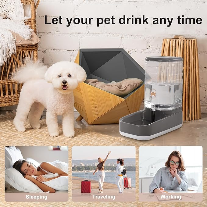 Automatic Pet Water Feeder, 3.8L Gravity Cat Water Dispenser with Cat Water Bowl, Large Capacity Water Feeder for Kitten & Small and Medium-Sized Dogs (Grey)