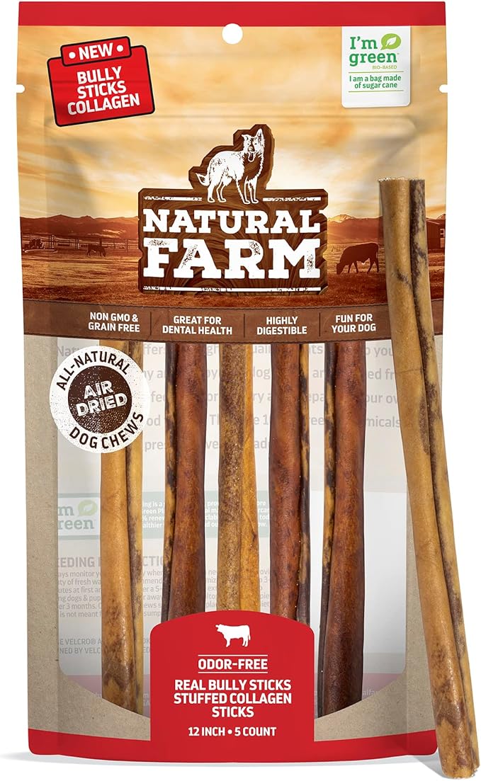 Natural Farm Bully Sticks Stuffed Collagen Sticks for Dogs (12 Inch, 5-Pack), Rawhide-Free Collagen Sticks, Natural Dog Chews, Long Lasting, for Small, Medium and Large Dogs, Great Rawhide Alternative