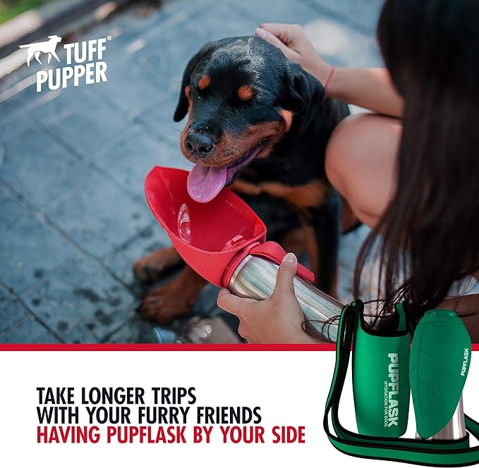 Tuff Pupper PupFlask Insulated Neoprene Dog Water Bottle Holder Sling with Wide Adjustable Shoulder Strap, Great for Travel, Walking, Hiking, Portable Pet Water Bottle Holder (27 OZ, Quetzal Green)
