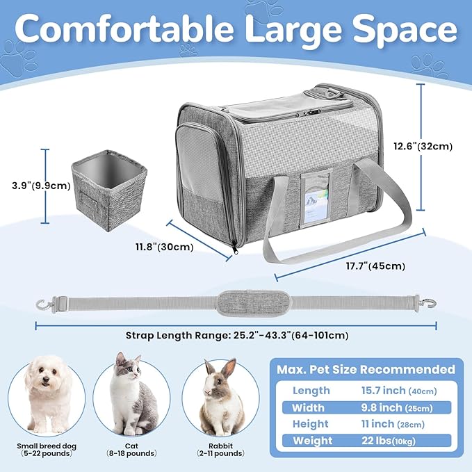 Soft Sided Cat Carrier for Under 18 Pounds, Folable Pet Carrier for Small Medium Cats Dogs, Roomy Dog Travel Carrier, Collapsible Puppy Carrier Bag with Locking Safety Zippers, Gray