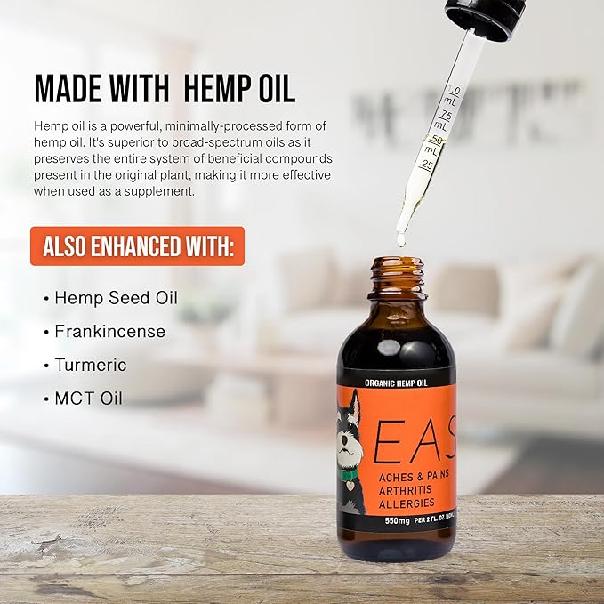 EASE - Hemp Oil for Dogs - for Dog Arthritis, Allergies, Aches, Pains, Joint Wellness - Dog Arthritis Pain Relief & Anti Inflammatory for Dogs - 100% Natural Hemp Dog Drops