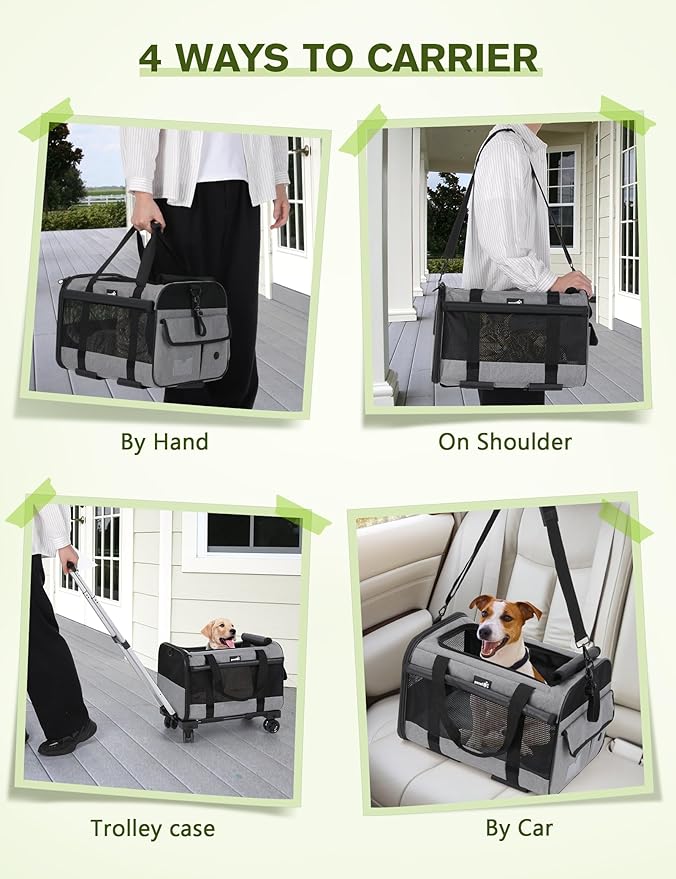 Pecute Cat Carrier Dog Carrier with Wheels Airline Approved, Pet Travel Carrier with Sunshade, Aluminum Alloy Tie Rod Silent Wheel, Pet Carrier Foldable for Cats Puppies(18" L x 12" W x 13" H)
