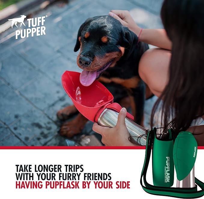 Tuff Pupper PupFlask Insulated Neoprene Dog Water Bottle Holder Sling with Wide Adjustable Shoulder Strap, Great for Travel, Walking, Hiking, Portable Pet Water Bottle Holder (40 OZ, Quetzal Green)