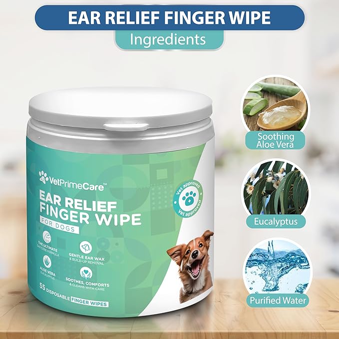 Pet Finger Wipes for Dogs Ear Relief, Aloe Vera & Eucalyptus Infusion, Pet Grooming Wipes, Remove Debris & Ear Wax, Soothe & Deodorize, 55-Count Pack.