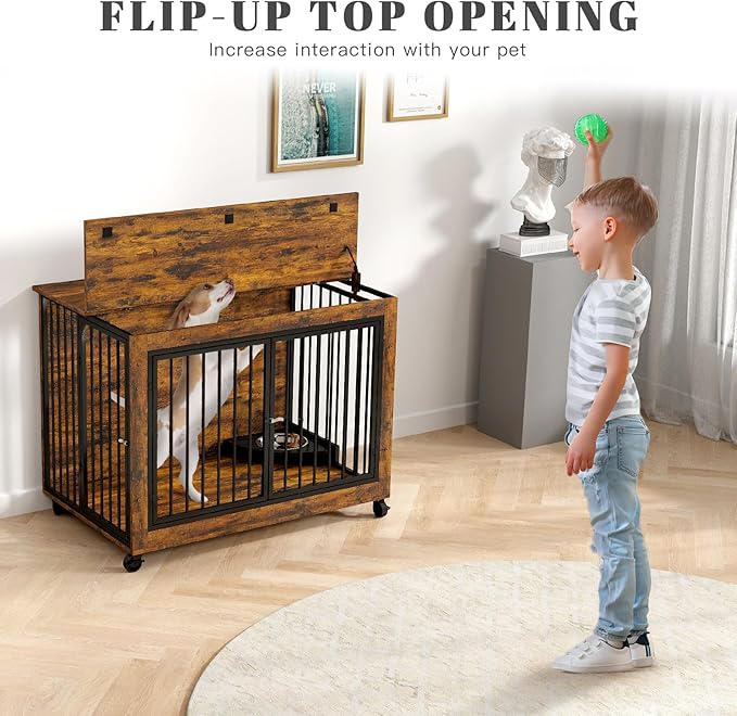 39 Inch Large Wooden Dog Crate Furniture with 180° Rotatable Bowl, Brown Multi-Functional Dog Crate End Table with Wheels, Furniture Dog Crate for Large Dogs with Flip-up Top Opening