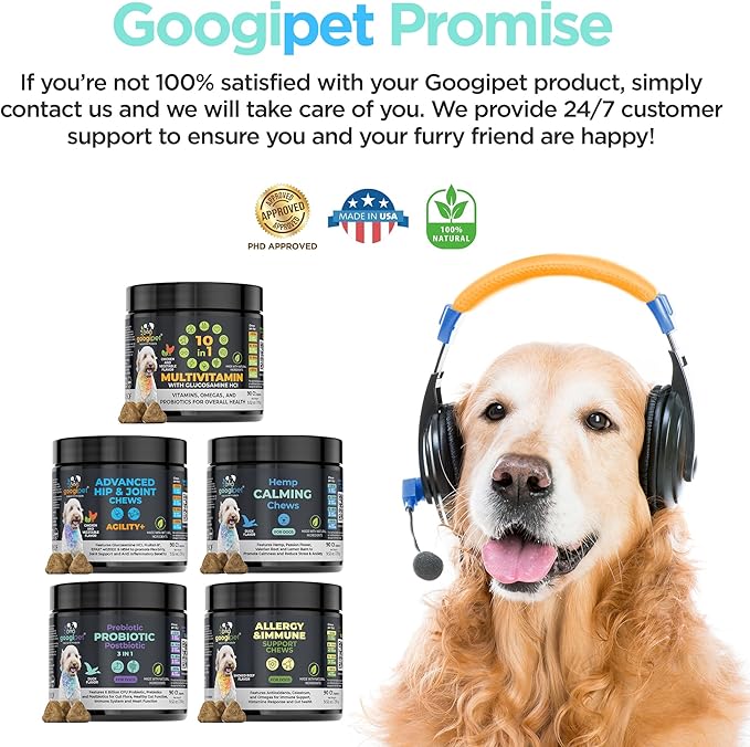 Googipet Hemp Calming Chews for Dogs - Separation Anxiety Relief for Dogs, Dog Calming Chews with Valerian Root, & Hemp, Non-Drowsy Dog Calming Treats - Helps Aid with Thunder, Shaking & Barking