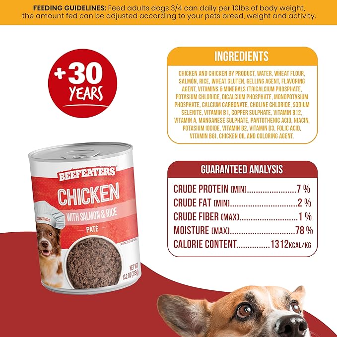 Beefeaters Dog Treats - Chicken with Salmon and Rice Pate 13.2oz, Case of 12 | Complete Adult Dog Food, Balanced Nutrition, High Protein & Vitamins | Supports Muscle & Bone Health