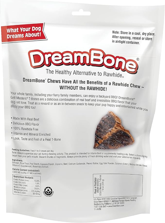 DreamBone Grill Masters T-Bones, Small, Rawhide-Free Chews for Dogs (1 CASE of 24 INDIVIDUAL PACKS of 8 COUNT)