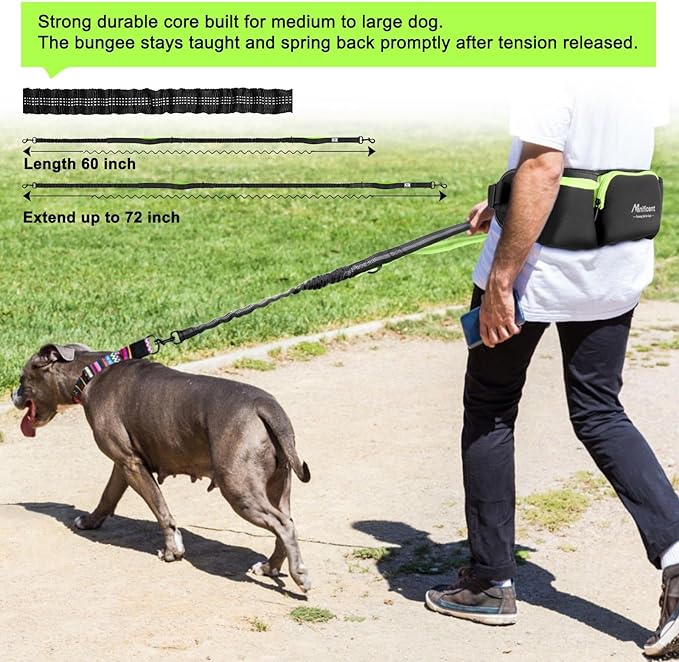 Hands Free Dog Leash for Medium Large Dogs, Wide Padded Waist Leash Bungee Leash Dog Running Leash for Dog with Reflective Stitching for Walks, Jogging, Running, Hiking, and Dog Training