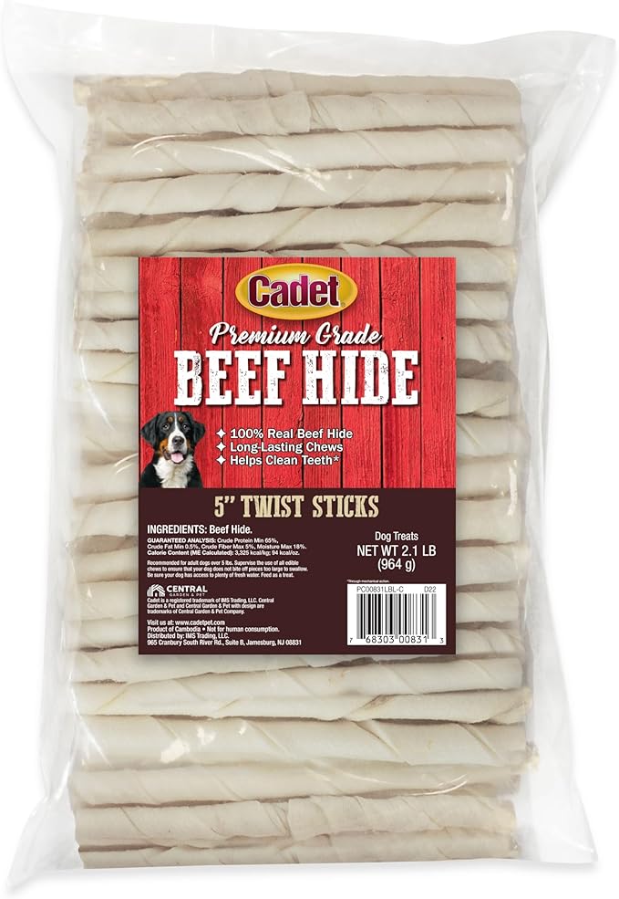 Cadet Premium Grade Beef Hide for Dogs, Long Lasting Rawhide Twist Chew Sticks, Natural Dog Chews, 5 Inch Dog Bones (34 Count)