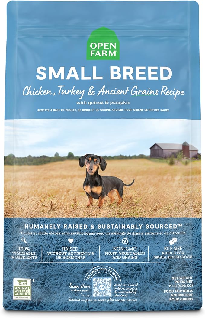Open Farm Ancient Grains Dry Dog Food, Humanely Raised Meat Recipe with Wholesome Grains and No Artificial Flavors or Preservatives (Small Breed, 11 Pound (Pack of 1))