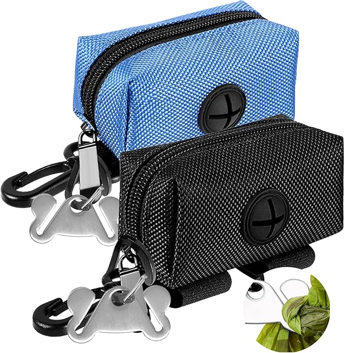 2Packs Dog Poop Bag Holder for Leash Attachment Dog Poop Bag Dispenser Dog Waste Bag Dispensers for Leash Accessory Dog Poop Bag Holders Dispensers & Hand Free Holder Metal Carriers, Black & Blue