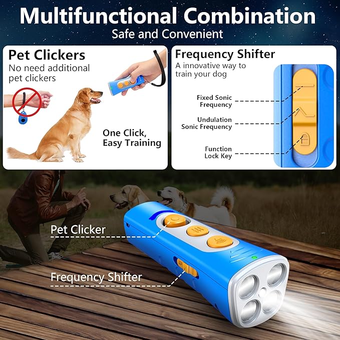 2024New Dog Bark Deterrent Device, 4X Ultrasonic Emitters Anti-Barking Device, Rechargeable Dog Barking Control Devices with 50ft Range Dog Training Tool, Alternative to Dog Shock Collar (Blue)