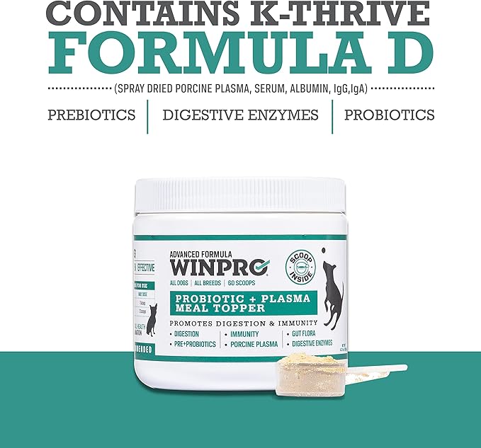 WINPRO Dog Probiotic Powder Meal Topper, Spray Dried Plasma with Prebiotics and Probiotics for Digestive Support and Gut Health for Dogs, All Breeds, Ages, and Sizes, 60 Scoops, Made in USA