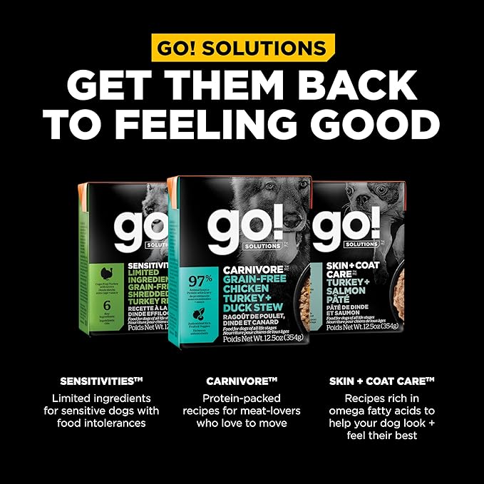 GO! SOLUTIONS Carnivore Protein Rich Wet Dog Food - Grain Free Chicken, Turkey and Duck Stew - Complete & Balanced Nutrition for All Life Stages, 12.5 oz