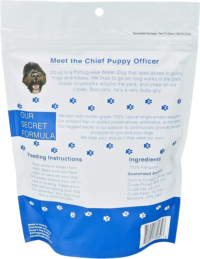 Doug's Dog Supplies - Kangaroo Jerky Dog Treats - Human Grade, 1 Ingredient, 100% Natural Healthy Wild Caught Jerky Treat - Puppy Treats for Training, or Snacks for Small or Large Breeds - 8 oz. Bag