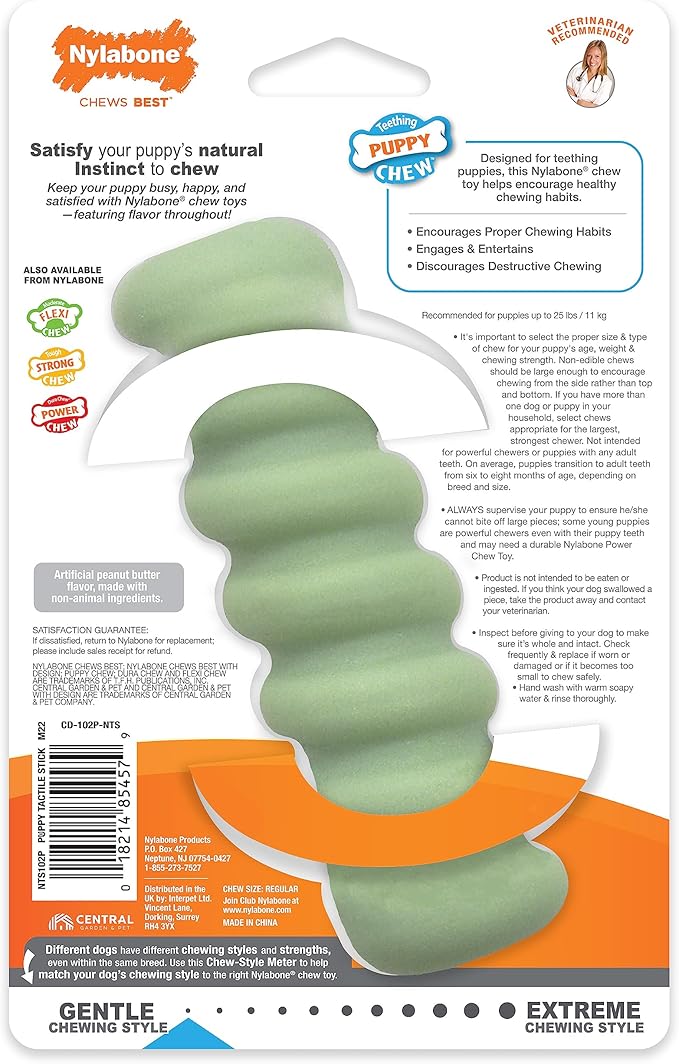 Nylabone Sensory Material Puppy Chew Toy Stick - Puppy Teething Toy for Boredom & Stimulation - Puppy Supplies - Peanut Butter Flavor, Small/Regular (1 Count)
