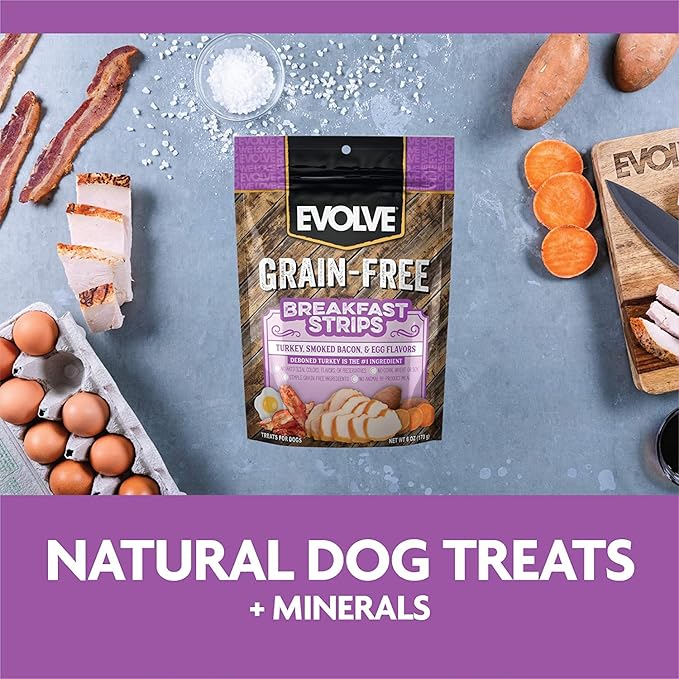 Evolve Grain Free Turkey, Bacon and Egg Flavored Breakfast Strips Dog Treats, 6oz