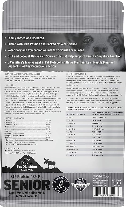 Annamaet Original Senior Dry Dog Food, (Lamb, Whitefish & Millet), 12-lb Bag