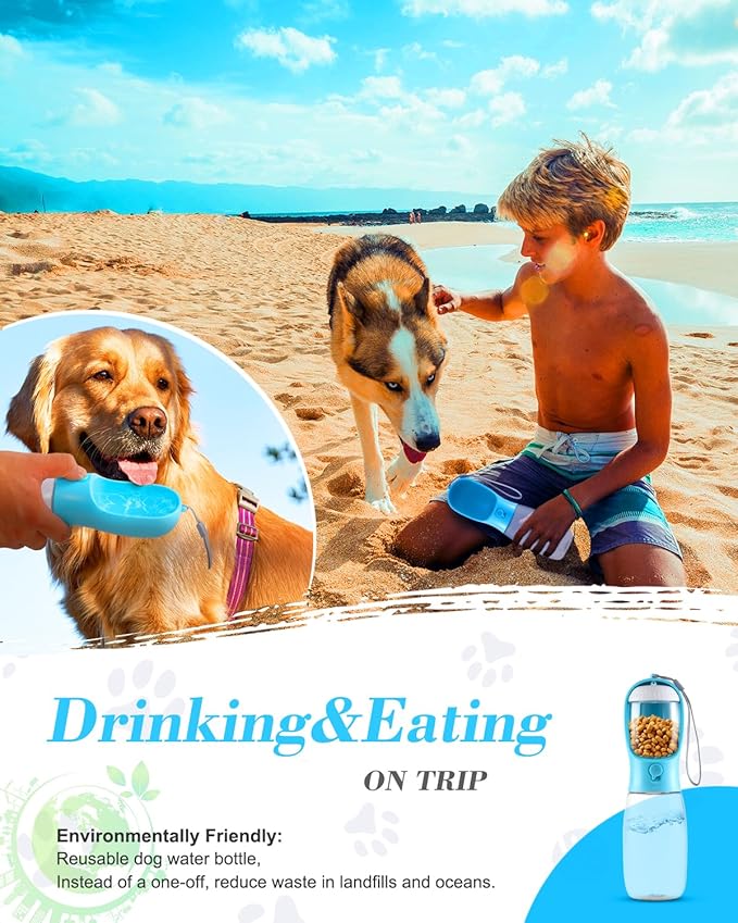 Dog Water Bottle, 2 in 1, Leak Proof Portable Pet Water Bottle with Food Container, Outdoor Portable Water Dispenser for Dog, Puppy Supply for Walking, Hiking, Camping, Travel (19oz Blue)