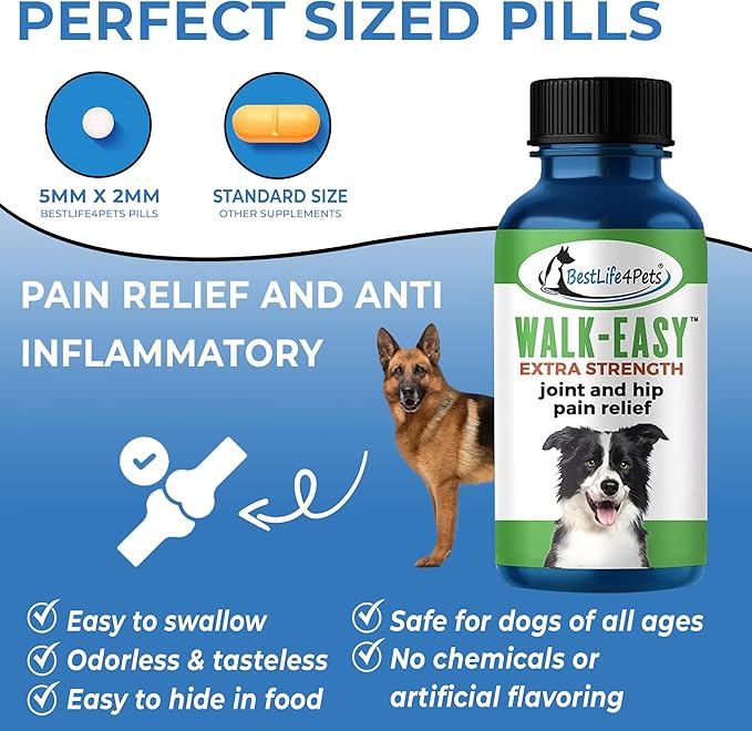 BestLife4Pets Extra Strength Dog Joint Supplement - Natural Hip and Joint Supplement for Dogs - Arthritis, Inflammation, and Hip Dysplasia Pain Relief for Dogs - Easy to Use Natural Pills