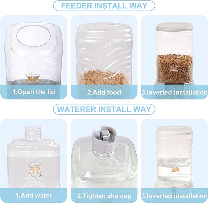 Automatic Dog Cat Gravity Food and Water Dispenser Set with Pet Food Bowl for Small Large Pets Puppy Kitten Rabbit Large Capacity(White & Gray, 3.8L)