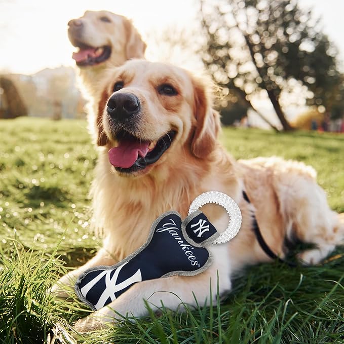 MLB New York Yankees Bone Shaped Dental Dog TUG Toy with Squeaker. Tough PET Toy for Healthy Fun, Teething, and Cleaning pet's Teeth and Gum.