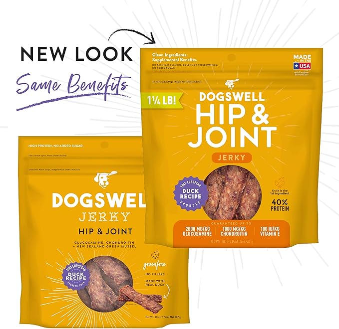 Dogswell Jerky Hip and Joint Dog Treats Grain Free Made in USA Only, Glucosamine and Chondroitin, 20 oz Duck