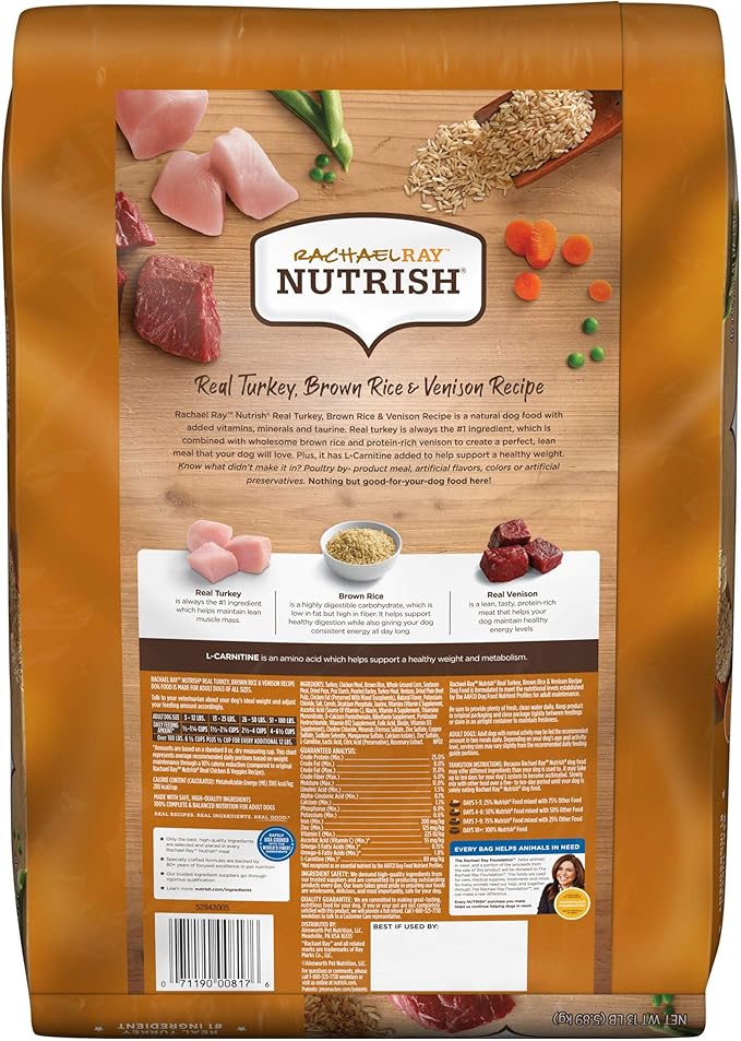Rachael Ray Nutrish Dry Dog Food, Turkey, Brown Rice & Venison Recipe for Weight Management, 13 Pounds