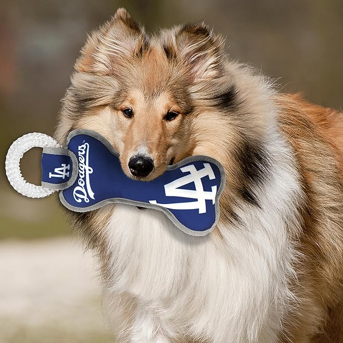 MLB Los Angeles Dodgers Bone Shaped DENTAL DOG TUG TOY with SQUEAKER. TOUGH PET TOY for Healthy Fun, Teething, and Cleaning pet's teeth and gum.