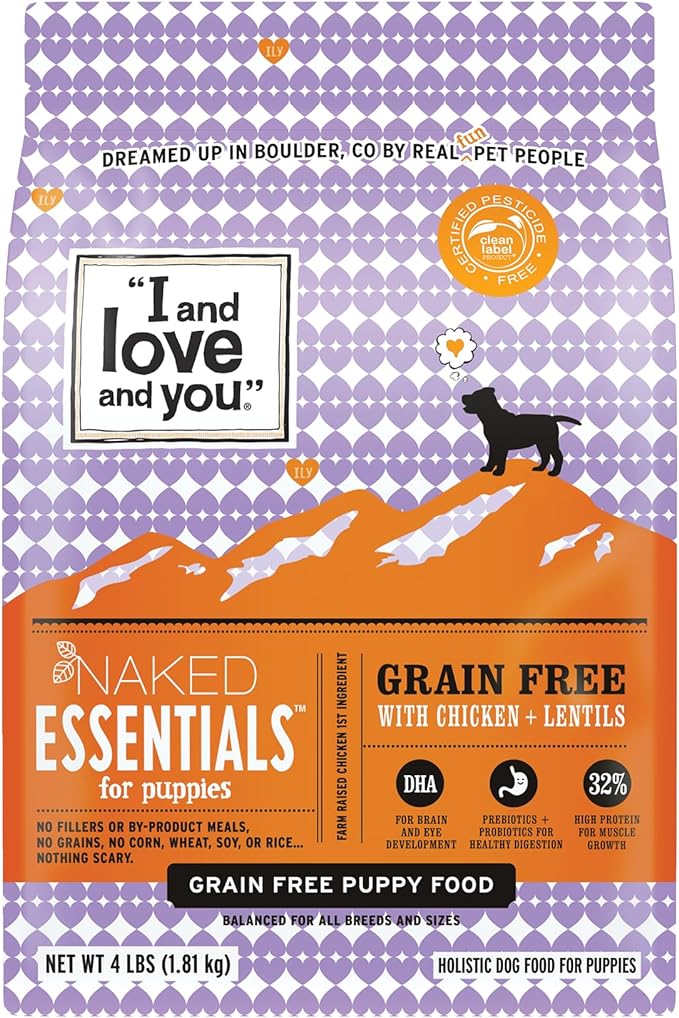 I and love and you Naked Essentials Dry Dog Food for Puppies - Chicken + Lentils - High Protein, Real Meat, No Fillers, Prebiotics + Probiotics, 4lb Bag