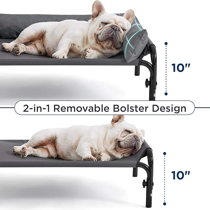 Bedsure Elevated Raised Outdoor Dog Bed - Cooling Dog Cot Bed with Bolster for Large Dog, Lifted Pet Bed with Durable Breathable Teslin Mesh, Dog Hammock Bed with Non-Slip Feet, Grey, 42 inches