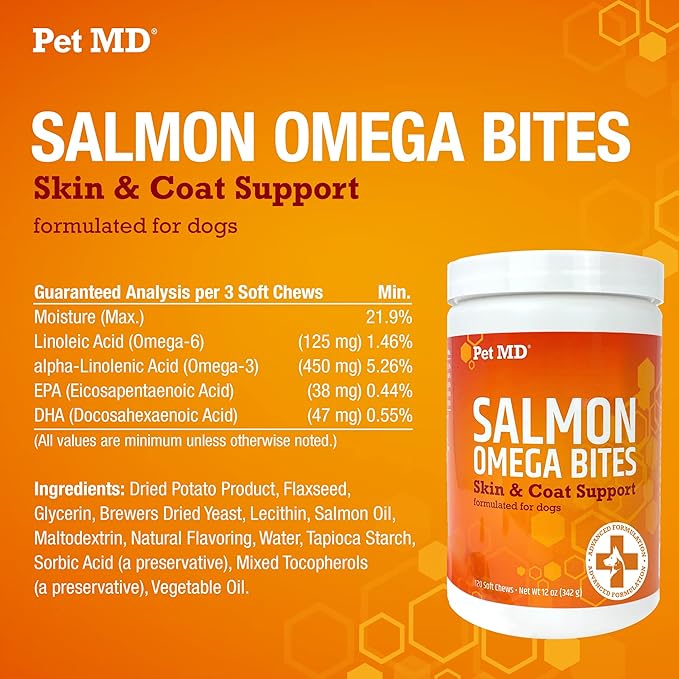 Pet MD Salmon Oil Omega 3 for Dogs - Advanced Allergy & Itch Relief for Dogs - Omega 3 & 6, EPA & DHA, Fish Oil Omega 3 Soft Chews - 120 Count