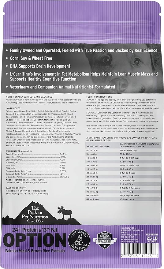 Annamaet Original Option Formula Dry Dog Food, 24% Protein (Salmon & Brown Rice), 25-lb Bag
