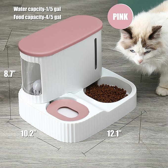 Automatic Cat Food Water Dispenser Gravity Pet Self Feeder Dry Food Bowl and Watering Supplies Dispenser for Indoor Small Medium Dog Puppy Kitten 2 in 1 (PINK)