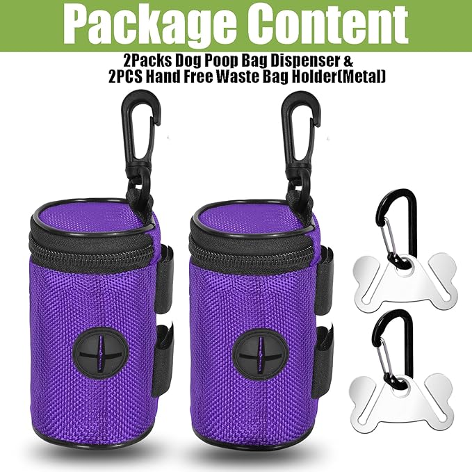 2 Pack Dog Poop Bag Holder for Leash Attachment - Waste Bag Dispenser for Leash - Fits Any Dog Leash - Portable Set with Hand Free Holder Metal Carrier, Round Style, Purple