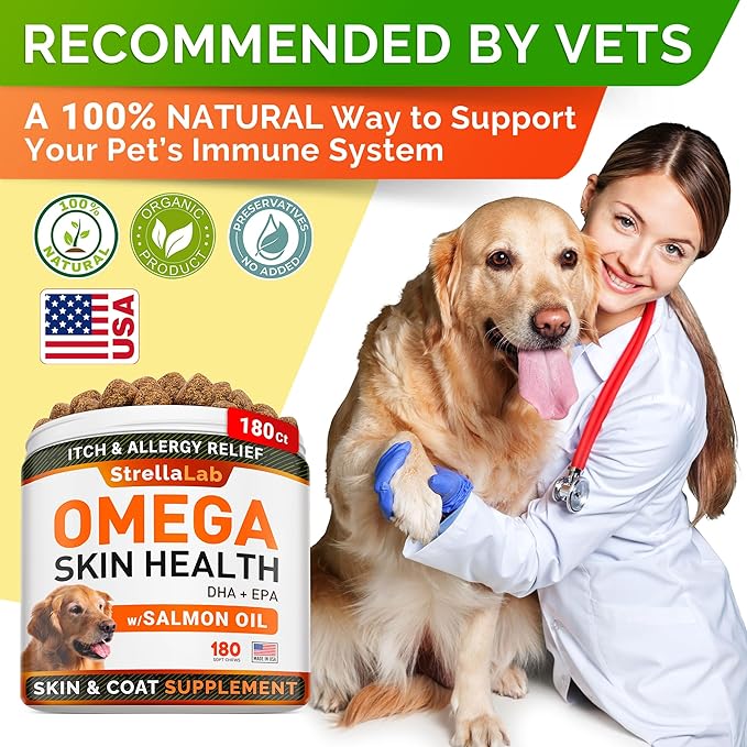 StrellaLab Omega 3 for Dogs - (360Ct) Fish Oil Treats - Allergy & Itch Relief Skin&Coat Supplement - Dry Itchy Skin, Shedding, Hot Spots Treatment, Anti Itch - Pet Salmon Oil Chews - Salmon Flavor