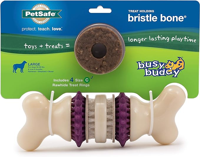 PetSafe Busy Buddy Bristle Bone - Treat-Holding Toy for Dogs - Treat Rings Included - Treats Thoroughly Mixed During Bake to Prevent Choking - Rigorously Tested Ingredients - Purple, Medium