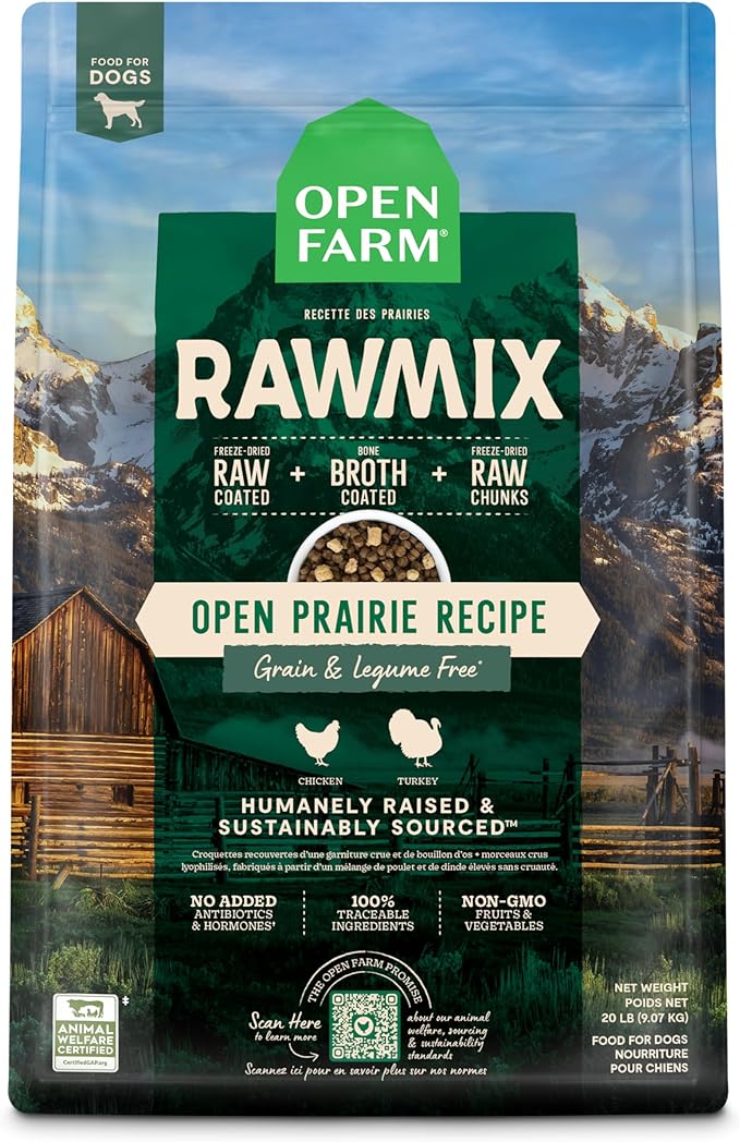 Open Farm RawMix Grain-Free Prairie Recipe for Dogs, includes Kibble, Bone Broth, and Freeze Dried Raw, Inspired by The Wild, Humanely Raised Protein and Non-GMO Fruits and Veggies, 20 lb