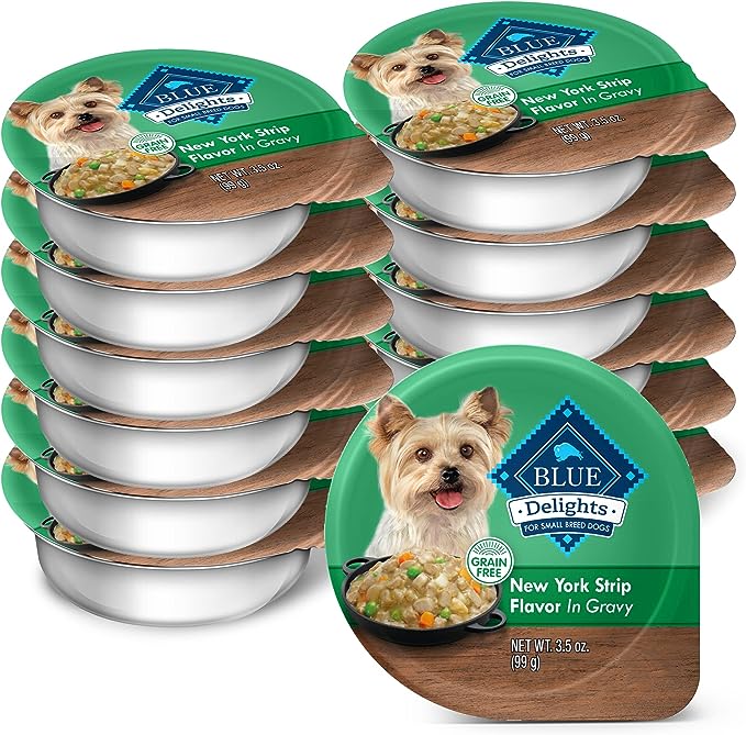 Blue Buffalo Delights Natural Adult Small Breed Wet Dog Food Cup, New York Strip Flavor in Hearty Gravy 3.5-oz (Pack of 12)