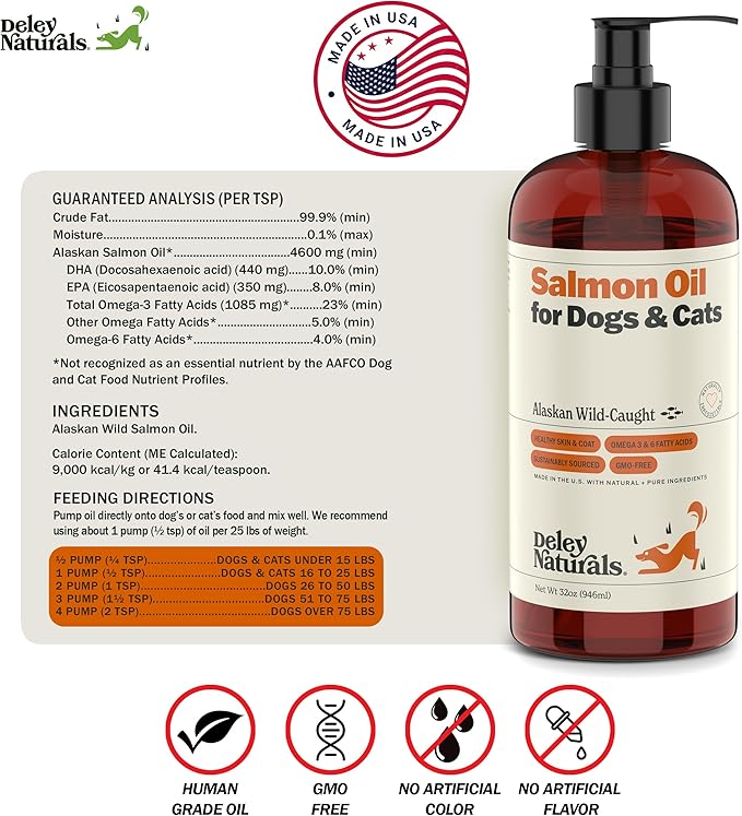Deley Naturals Premium Alaskan Wild Caught Salmon Oil for Dogs and Cats - Omega-3 Rich Fish Oil Supplement for Healthy Skin, Coat, and Joints - All-Natural, Sustainably Sourced - 32 Oz