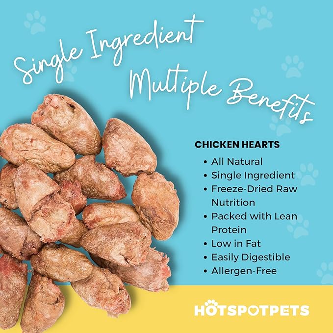 hotspot pets Freeze Dried Chicken Hearts for Cats & Dogs - 1LB BIG BAG -Resealable Bag- Single Ingredient All Natural Grain-Free - Made in USA - Perfect for Training, Topper or Snack (Chicken Hearts)