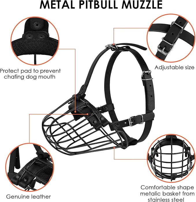 Pitbull Dog Muzzle Metal Mask Amstaff Secure Wire Basket Adjustable Durable Leather Straps for Large Dogs (Black)