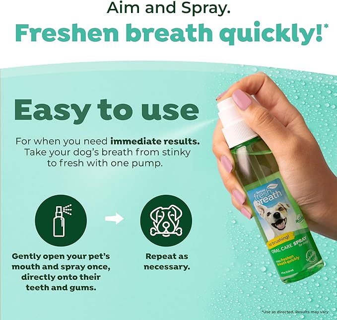 TropiClean Fresh Breath Oral Care Spray for Dogs & Cats | Dog Breath Spray | Mint Breath Freshener | Pet Bad Breath Treatment | Made in the USA | 4 oz