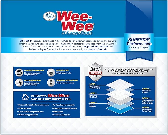 Four Paws Wee-Wee Superior Performance XL Pee Pads for Extra Large Dogs, Leak-Proof Floor Protection Dog & Puppy Quilted Potty Training Pads, Unscented, 28" x 34" (75 Count)