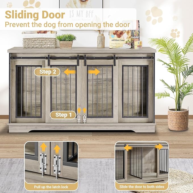 61'' Double Dog Crate Furniture for 2 Dogs, Large Double Dog Kennel Furniture TV Stand, Heavy Duty Dog Crate, Furniture Style Dog Crate End Table, Wood Crates for Dogs Kennel Indoor